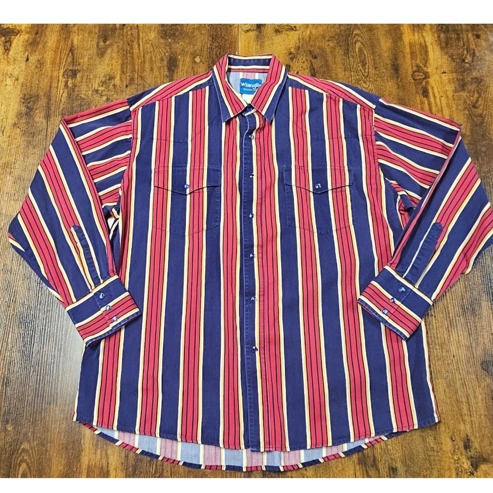 Wrangler Western Shirt Mens XL Navy Red Yellow Striped Brushpopper